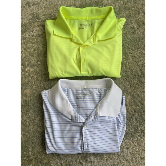 SET (2) - NIKE GOLF PERFORMANCE Dri Fit Men’s Neon Yellow & Striped White Polos - Picture 1 of 14